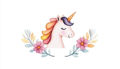 Whimsical unicorn illustration surrounded by colorful flowers and leaves on a plain background