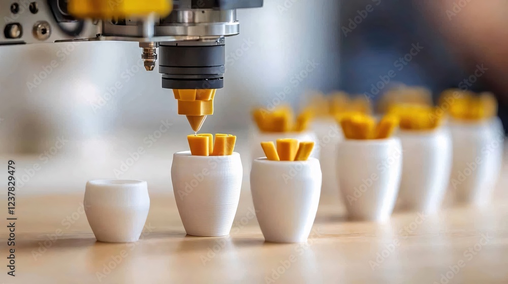 Poster modern 3d printer creating yellow and white objects innovative technology design