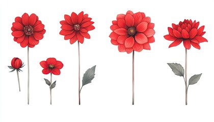 Vibrant red flowers in various stages of bloom with green leaves against a white background