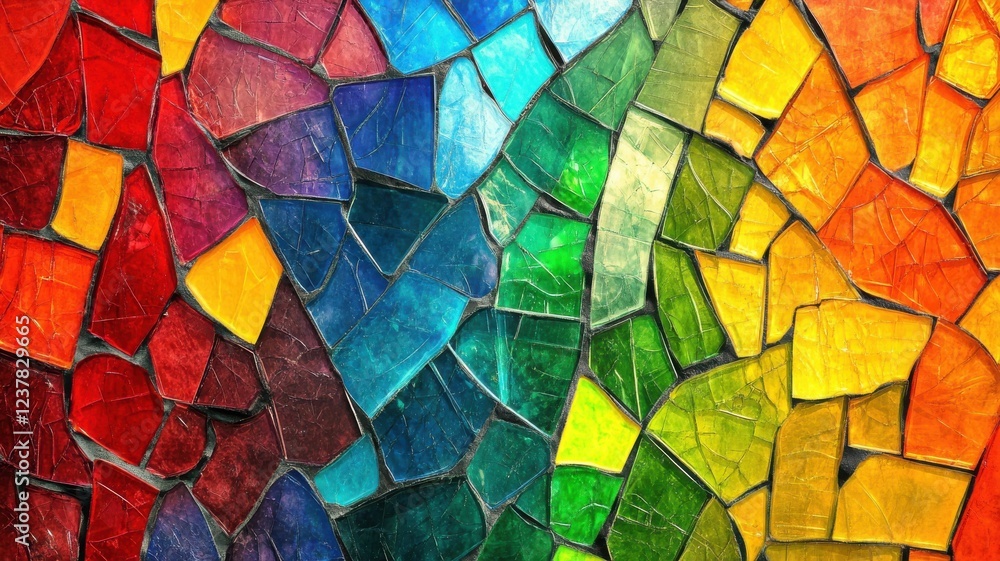 Poster a vibrant mosaic pattern featuring an array of colorful tiles in reds, greens, yellows, and blues, c