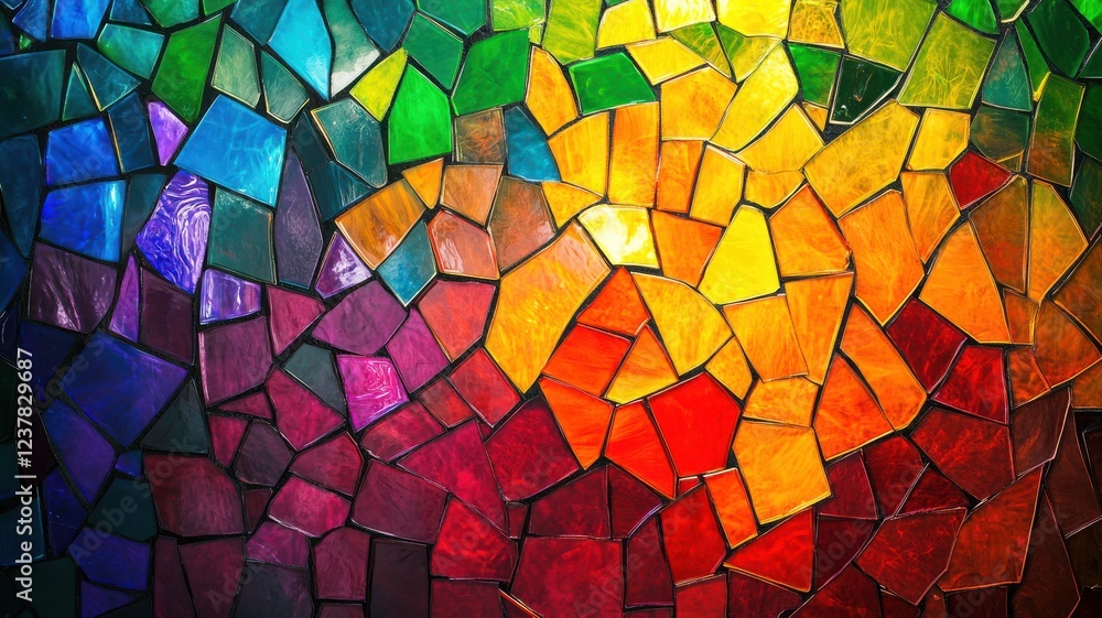 Poster a vibrant mosaic of colorful tiles arranged in a pattern, showcasing a spectrum of hues from green t
