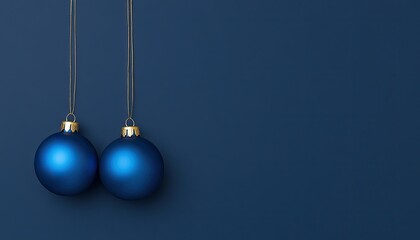Two elegant blue Christmas ornaments hanging against a deep blue background, creating a festive atmosphere