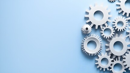 White Gears Interlocking on Light Blue Background Teamwork Collaboration Concept
