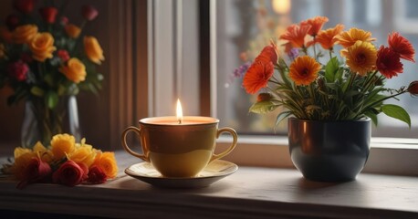Tea cup filled with steaming hot tea on a windowsill with a lit candle and flowers , calmness, serene, warmth