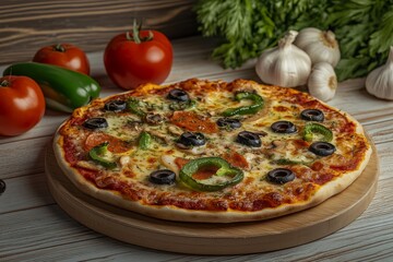 Delicious vegetable pizza with pepperoni, olives, mushrooms, and bell peppers on wooden board.