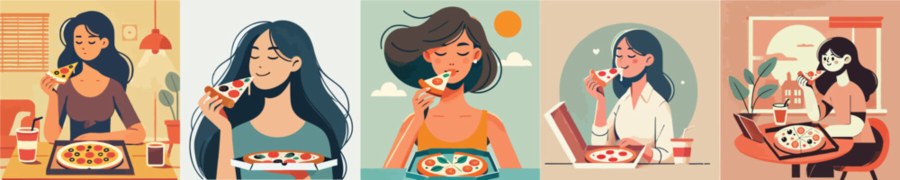 vector set of women eating pizza