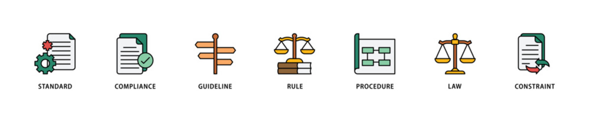 Regulation icon set flow process which consists of standard, compliance, guideline, rule, procedure, law and constraint icon live stroke and easy to edit .