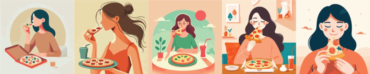 vector set of women eating pizza