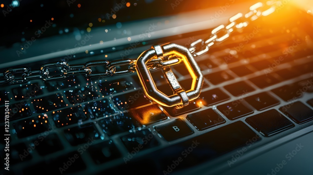 Poster secure digital data protection chain link on laptop keyboard