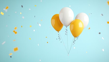 Fototapeta premium Colorful balloons float against a light blue background with confetti falling, creating a festive atmosphere