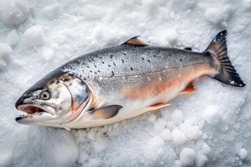 Obraz premium The carcass of a salmon lies on a snowy white surface with visible signs of slime residue, slime, raw fish, white background, salmon