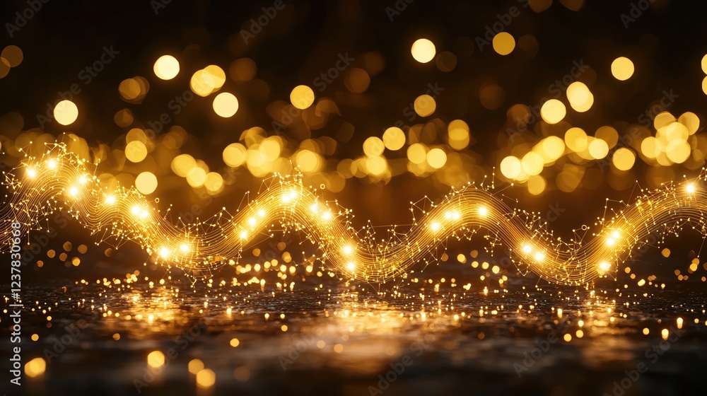 Poster golden light waves abstract background with sparkling bokeh lights