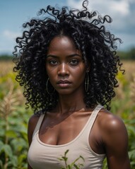 Summer portrait black African woman serious curly hair sundress beach background