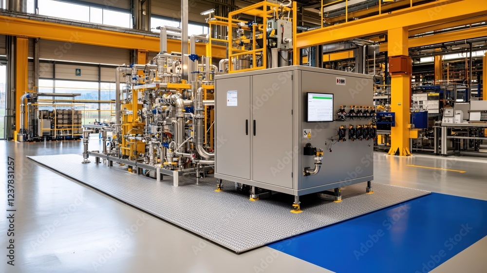 Poster modern industrial factory automation system with control panel and piping network