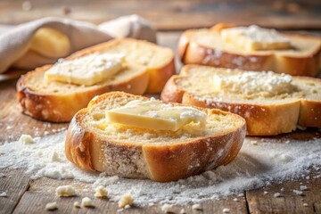 Golden Brown Bread Slices Topped with Melted Butter, Dusting of Flour on Rustic Wooden Surface