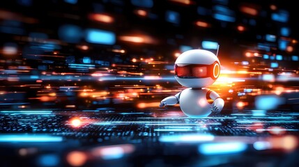 Futuristic Robot Navigating Digital Data Stream Network