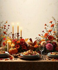 Fototapeta premium Traditional Thanksgiving dinner setup with candles and flowers, warm, holiday, seasonal