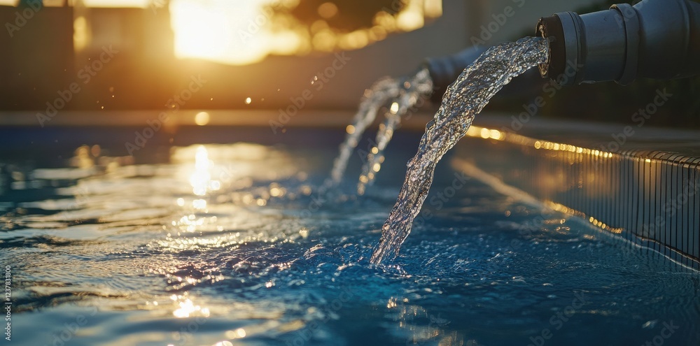 Poster water flows from pipes into a shimmering pool, illuminated by a warm sunset, creating a serene and t