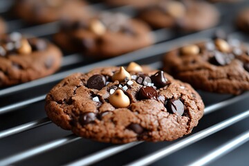 Fototapeta premium Delicious Double Chocolate Chip Cookies Cooling on a Rack After Baking. Generative AI