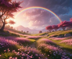 tranquil meadow filled with delicate pink flowers under the radiant arc of a rainbow, serene landscape, gentle blooms