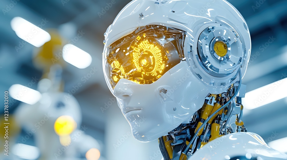Poster advanced robot head glowing core futuristic technology artificial intelligence