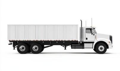 A side view of a white truck with a flatbed, showcasing a simple and functional design, suitable for various transportation needs.