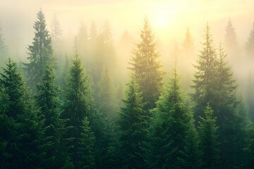 Sunrise over misty mountain forest, peaceful nature scene
