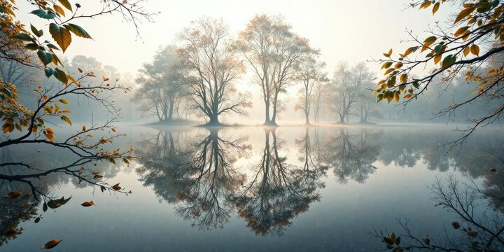 Triangular leaves and branches of trees reflected in a calm lake, calm lake, reflected light, triangular leaves