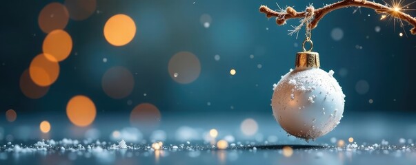 A small white ornament hanging from a twisted string, sparkling, icy, festive