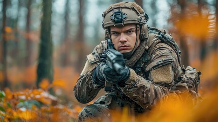 Fototapeta premium A soldier in camouflage crouches in an autumn forest, aiming his rifle. He is focused and ready for action, embodying military preparedness and vigilance.