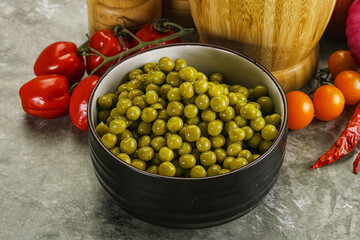 Sweet canned young green peas