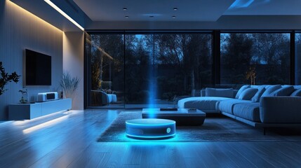 Modern Living Room with Futuristic Smart Home Technology