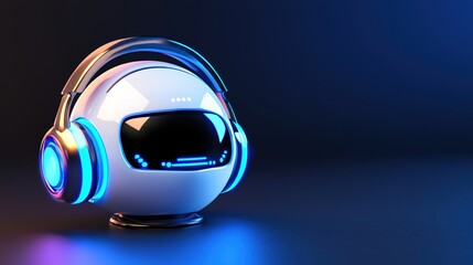 Fototapeta premium Futuristic Robot Head with Neon Headphones Listening to Music