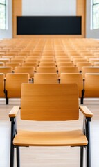 Empty auditorium with rows of wooden chairs in a spacious modern lecture hall setting