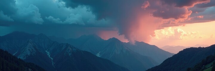 Fototapeta premium Thunderstorm clouds gathering over a mountain range, hovering, stormy, tempestuous
