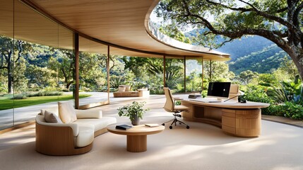 Fototapeta premium Modern Office Design Serene Garden View Luxurious Workspace Tranquil Setting