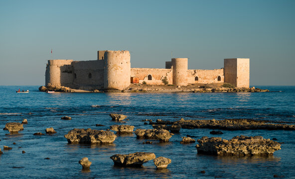 The view of the historical Maiden's Castle ( Turkish; Kız kalesi ) on a beautiful day. Mersin province, Turkey 