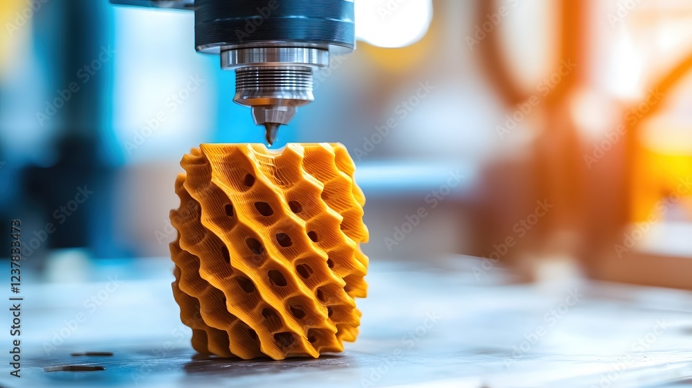 Poster additive manufacturing 3d printing process yellow object creation innovation technology