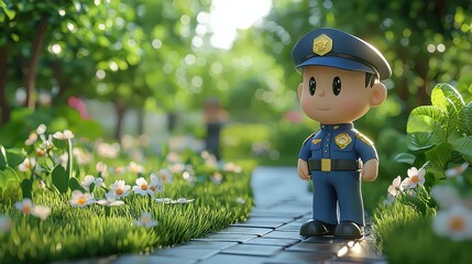 A cartoon police officer stands in a vibrant garden, surrounded by flowers and lush greenery, creating a cheerful and inviting atmosphere.