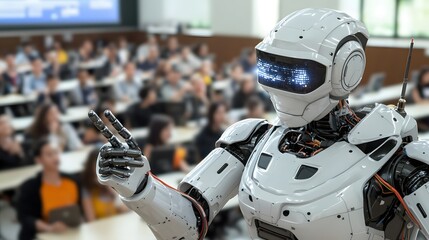 Fototapeta premium Advanced Robot Teacher Addresses Students in Modern Classroom