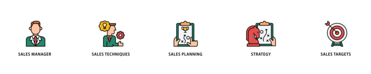 Sales management icon set flow process which consists of manager, sales techniques, planning, strategy, and targets icon live stroke and easy to edit .