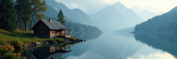 Fototapeta premium An isolated cabin on the shores of a peaceful lake, serene atmosphere, solitude
