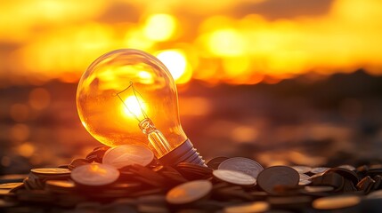 Light bulb glowing on coins at sunset.
