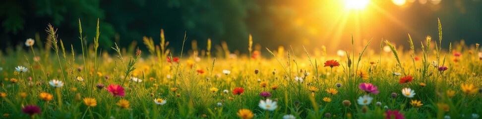 Obraz premium Field of tall grasses and colorful wildflowers illuminated by a lone shining light source, isolated light, open space, natural scenery