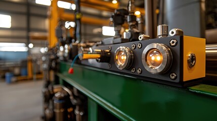 Fototapeta premium Industrial Machine Closeup Detail Showing Precision Engineering and Bright Lights
