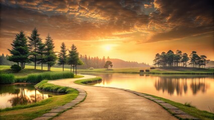 Serene Sunrise Pathway Winding by a Tranquil Lake, Surrounded by Lush Greenery and Majestic Evergreens Under a Golden Sky