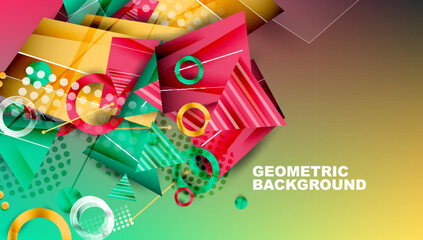 Fototapeta premium Abstract background - overlapping circles, rectangles, and triangles with vibrant gradients. Semi-transparent shapes create depth and balance