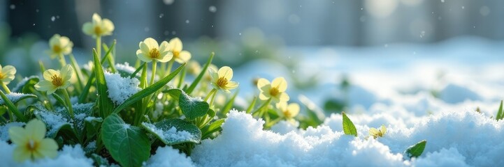 Green leaves of flowers blooming under the blanket of snow, peaceful, nature, frosty