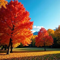 Golden hues of maple trees against a clear blue sky, autumn, red, landscape