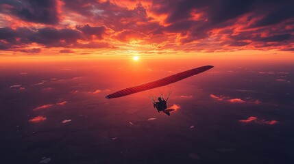Naklejka premium Sunset Paragliding Adventure: A breathtaking aerial view of a paraglider soaring through vibrant, fiery sunset skies.